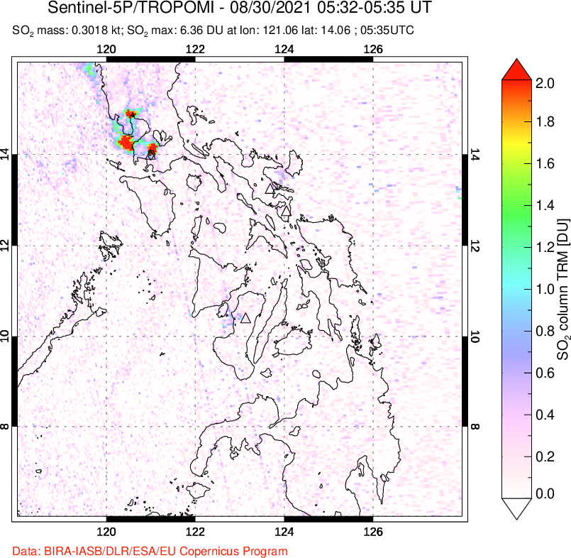 A sulfur dioxide image over Philippines on Aug 30, 2021.