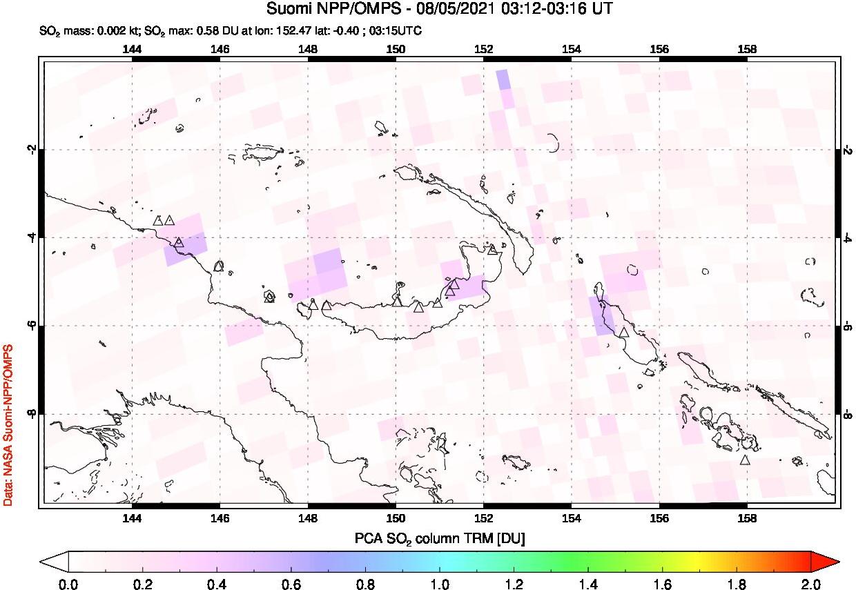 A sulfur dioxide image over Papua, New Guinea on Aug 05, 2021.