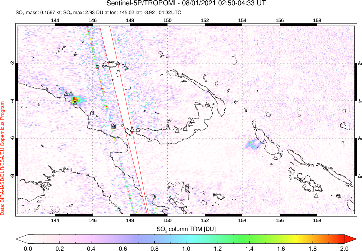 A sulfur dioxide image over Papua, New Guinea on Aug 01, 2021.