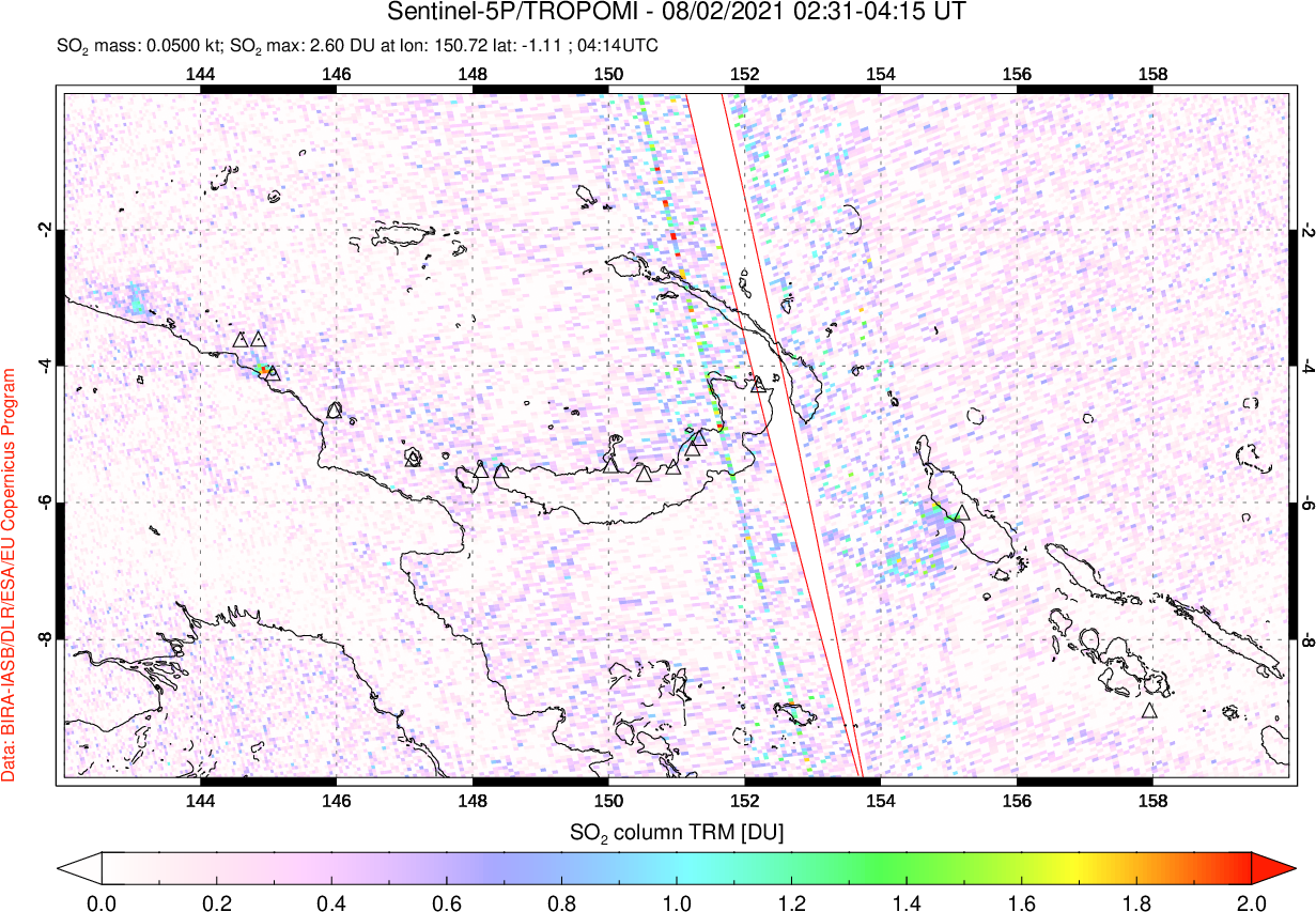 A sulfur dioxide image over Papua, New Guinea on Aug 02, 2021.