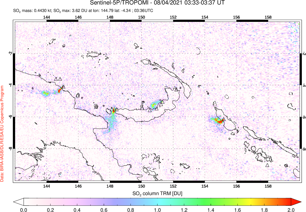 A sulfur dioxide image over Papua, New Guinea on Aug 04, 2021.