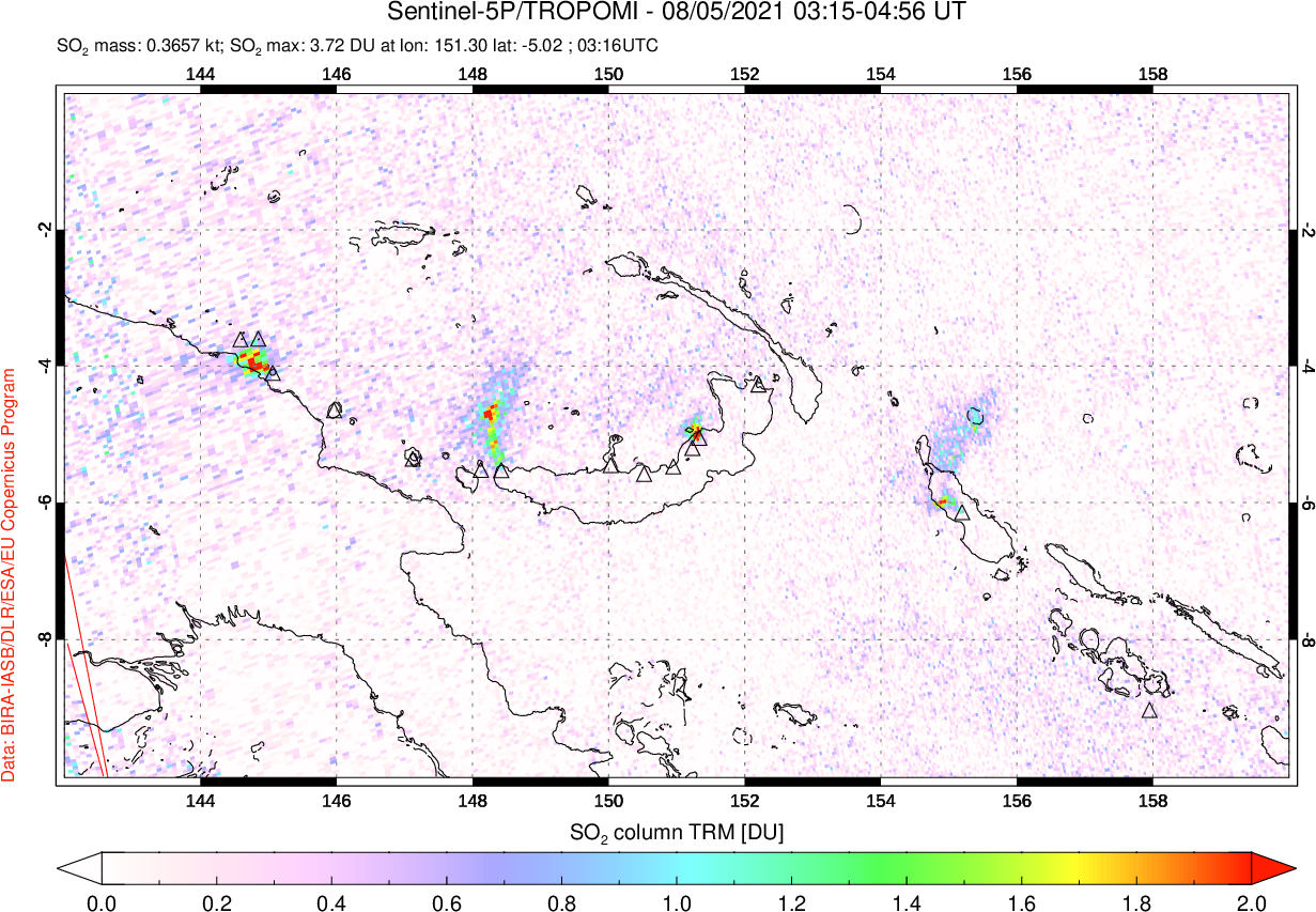 A sulfur dioxide image over Papua, New Guinea on Aug 05, 2021.
