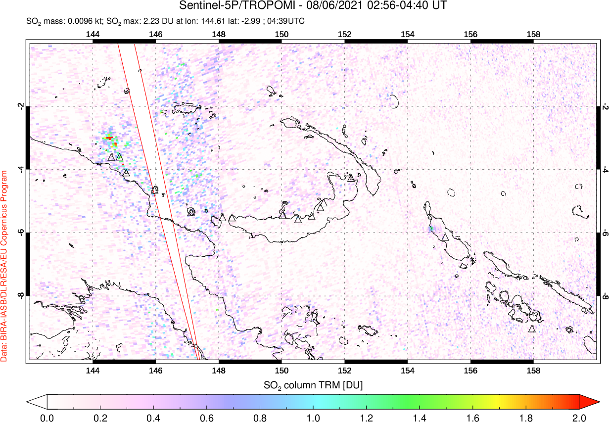 A sulfur dioxide image over Papua, New Guinea on Aug 06, 2021.