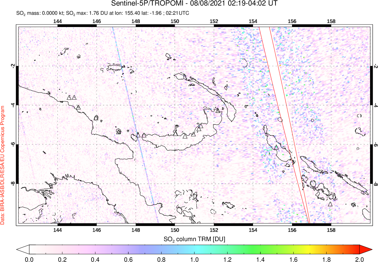 A sulfur dioxide image over Papua, New Guinea on Aug 08, 2021.