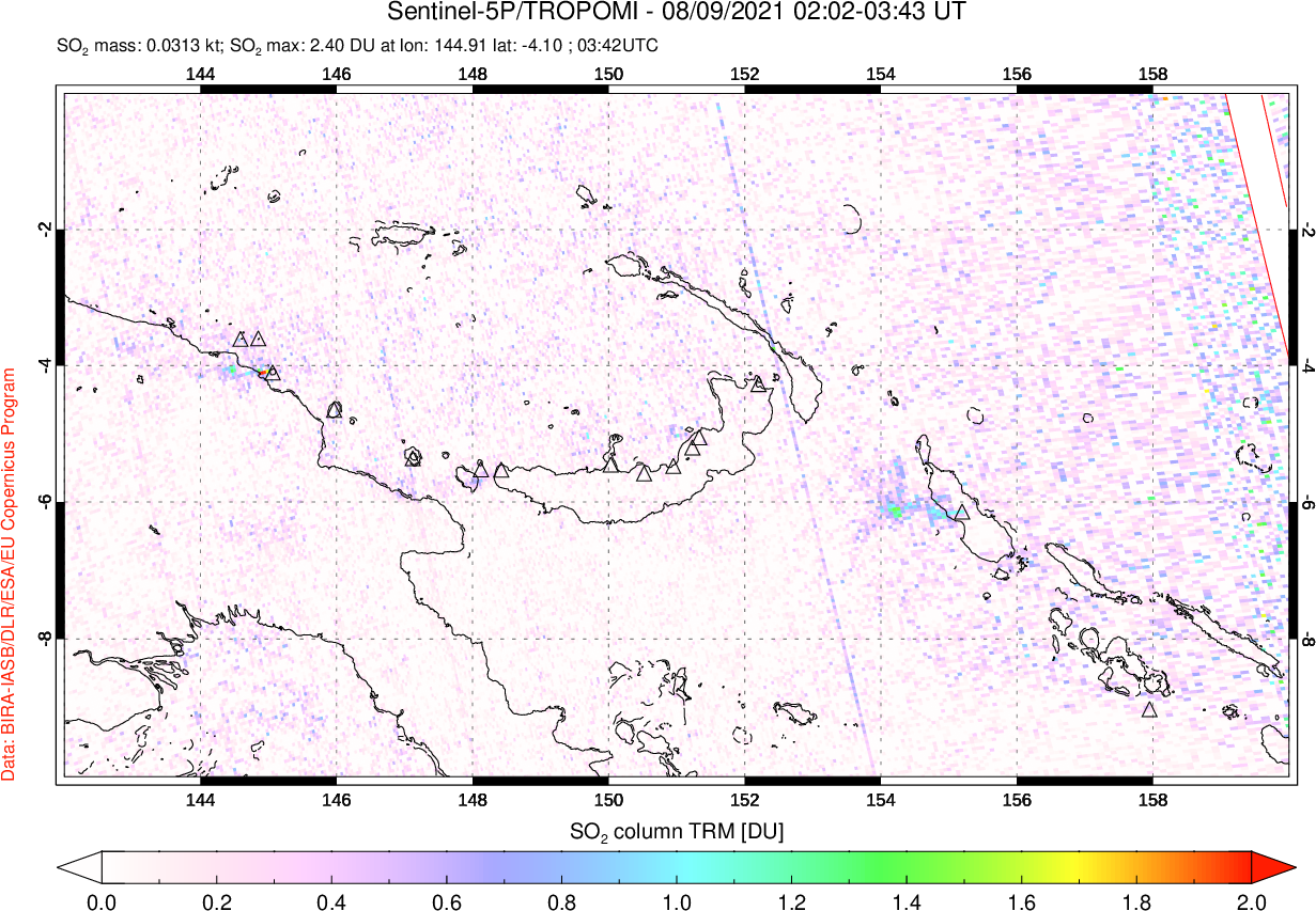 A sulfur dioxide image over Papua, New Guinea on Aug 09, 2021.