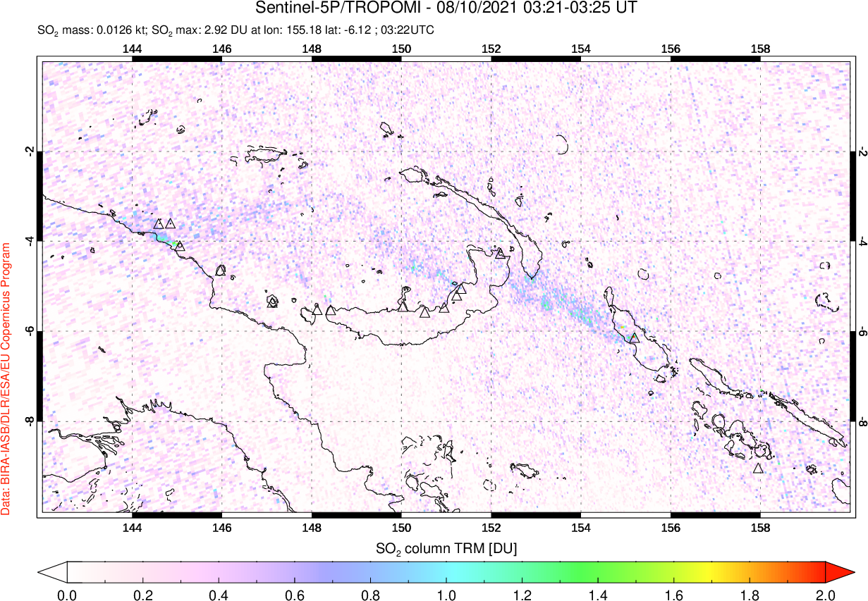 A sulfur dioxide image over Papua, New Guinea on Aug 10, 2021.