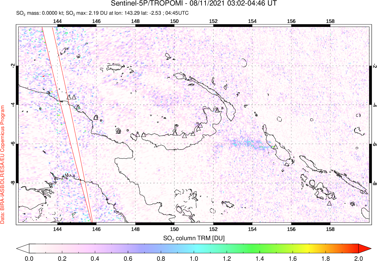 A sulfur dioxide image over Papua, New Guinea on Aug 11, 2021.