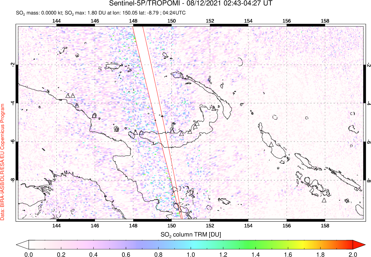 A sulfur dioxide image over Papua, New Guinea on Aug 12, 2021.