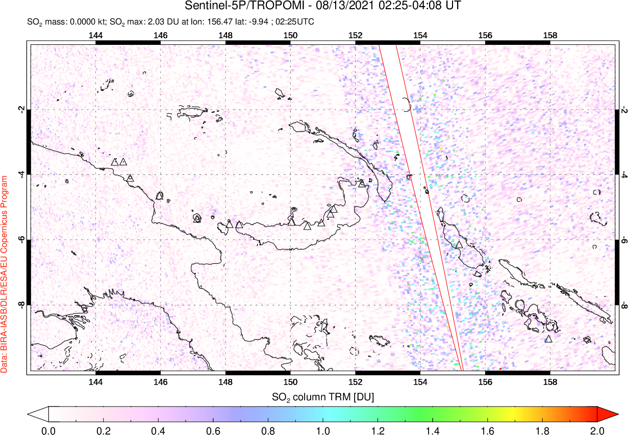 A sulfur dioxide image over Papua, New Guinea on Aug 13, 2021.