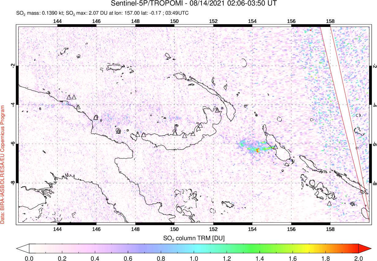 A sulfur dioxide image over Papua, New Guinea on Aug 14, 2021.