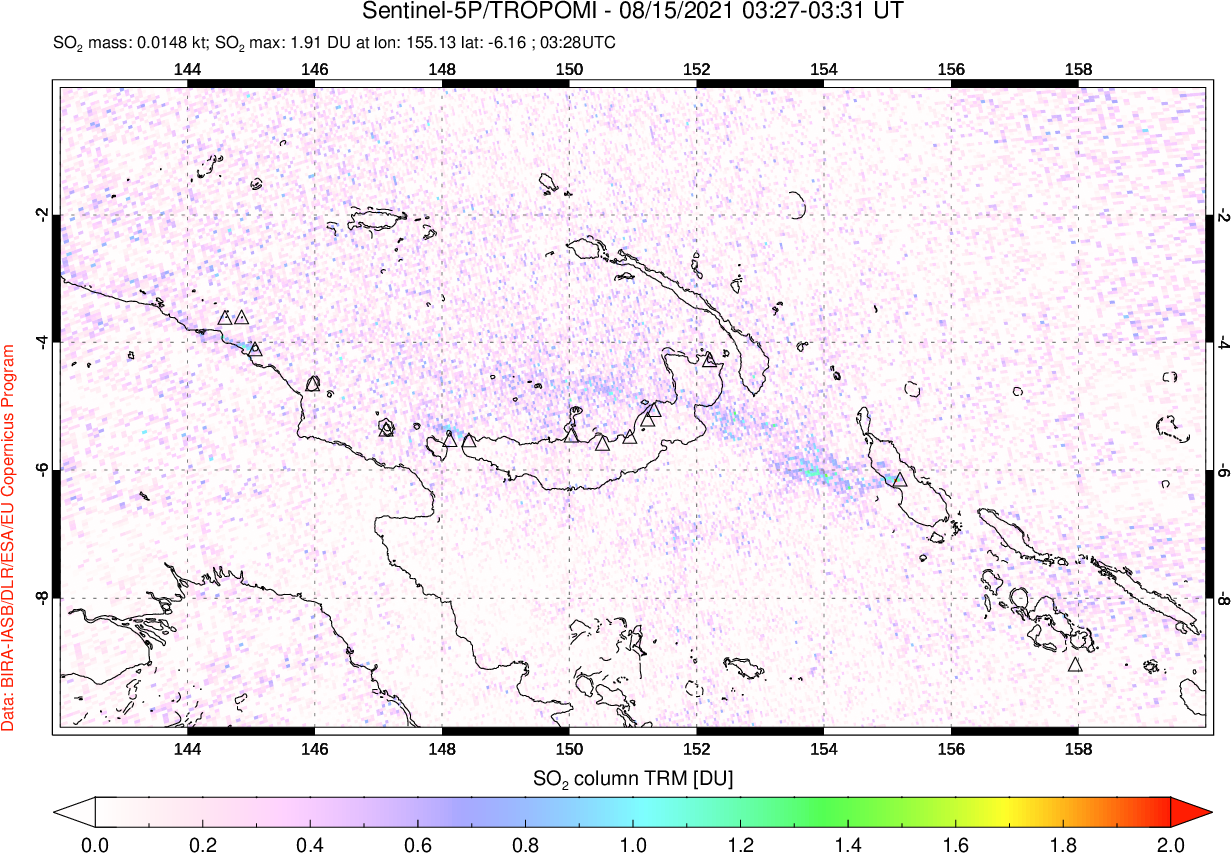 A sulfur dioxide image over Papua, New Guinea on Aug 15, 2021.