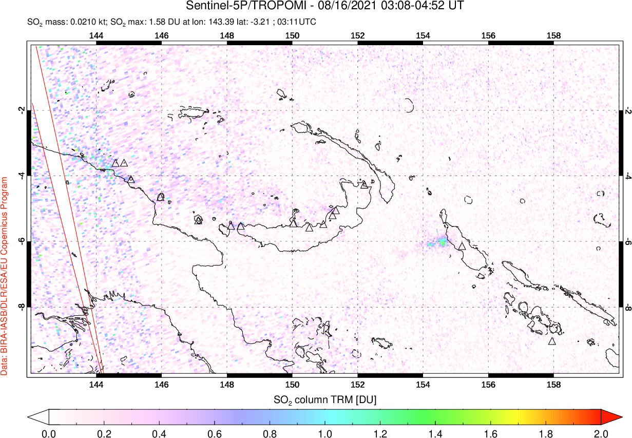 A sulfur dioxide image over Papua, New Guinea on Aug 16, 2021.