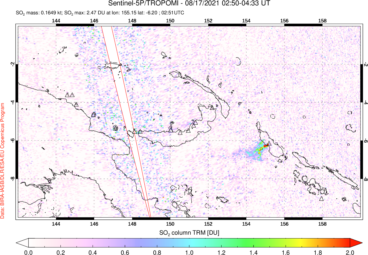 A sulfur dioxide image over Papua, New Guinea on Aug 17, 2021.