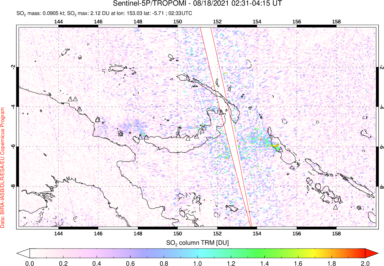 A sulfur dioxide image over Papua, New Guinea on Aug 18, 2021.