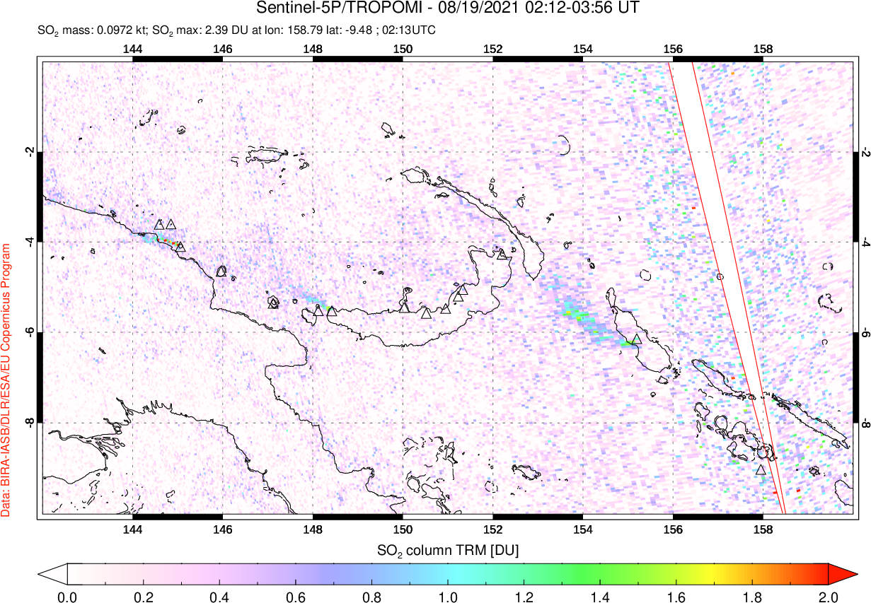 A sulfur dioxide image over Papua, New Guinea on Aug 19, 2021.