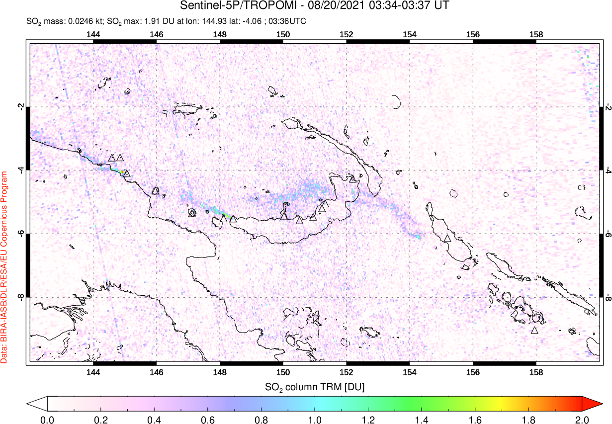 A sulfur dioxide image over Papua, New Guinea on Aug 20, 2021.