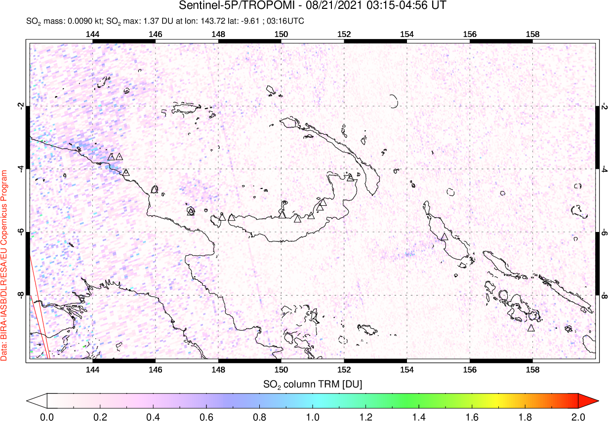 A sulfur dioxide image over Papua, New Guinea on Aug 21, 2021.