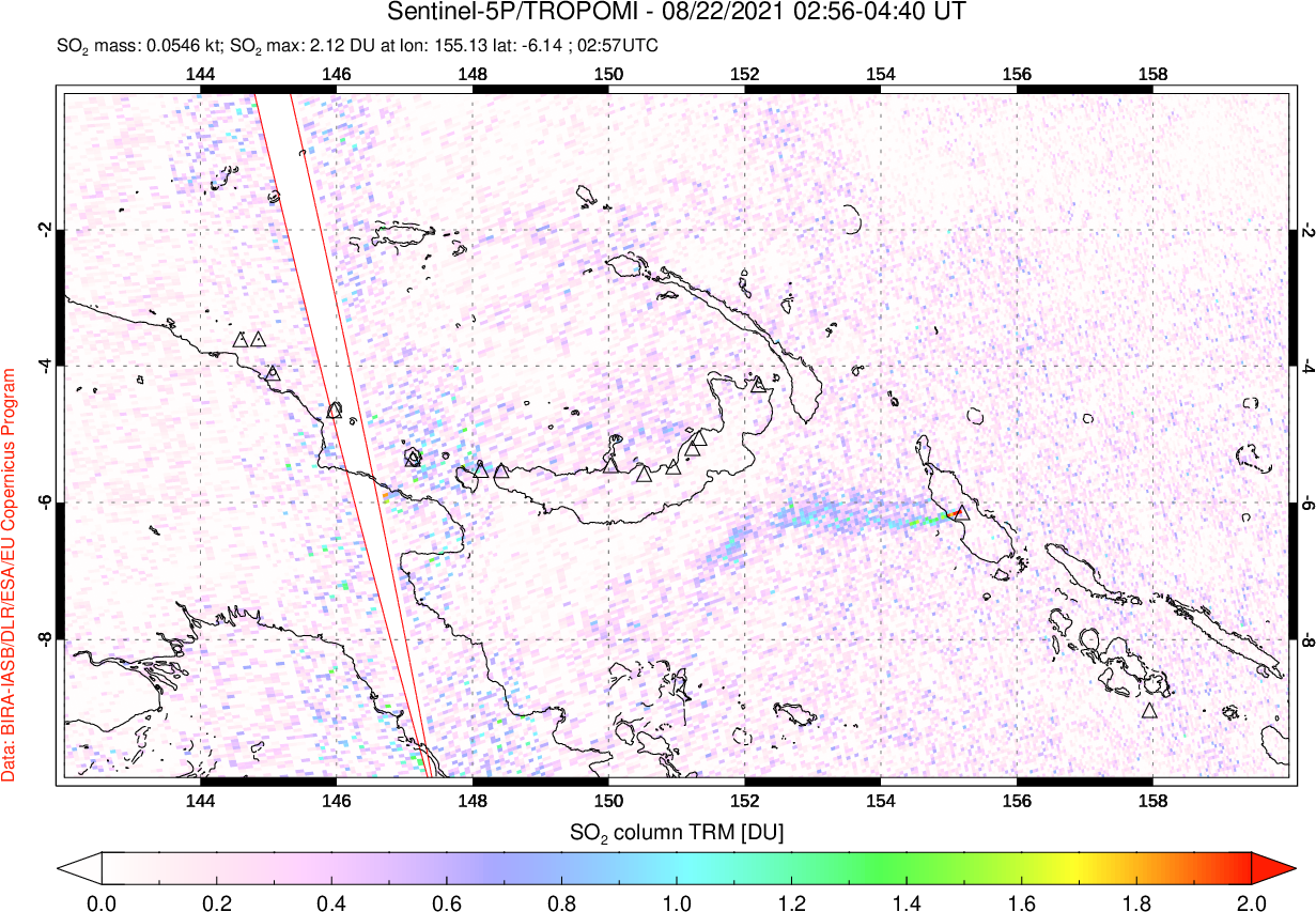 A sulfur dioxide image over Papua, New Guinea on Aug 22, 2021.