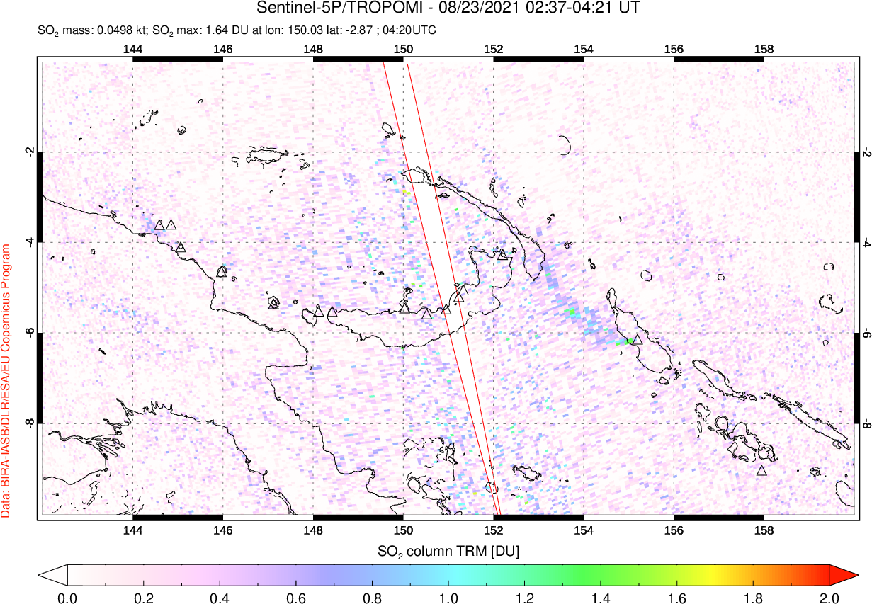 A sulfur dioxide image over Papua, New Guinea on Aug 23, 2021.