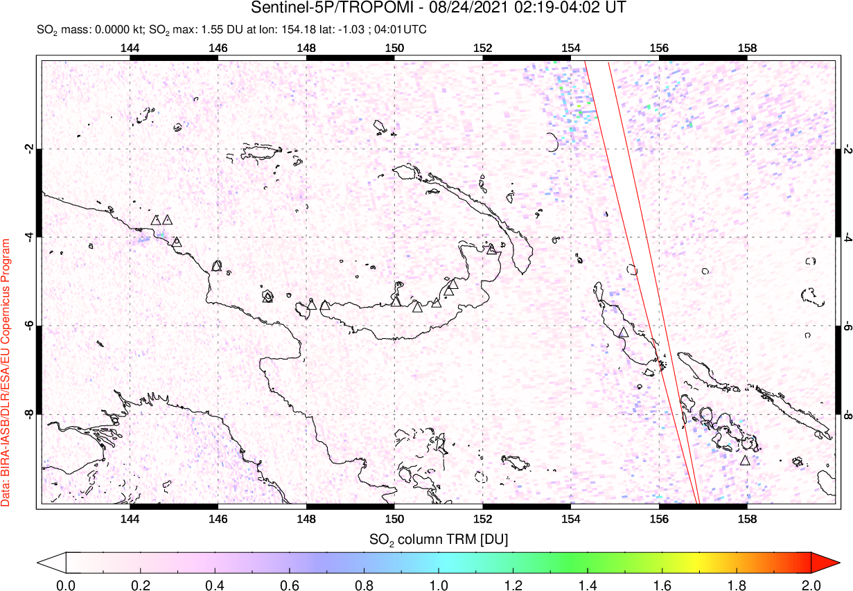 A sulfur dioxide image over Papua, New Guinea on Aug 24, 2021.