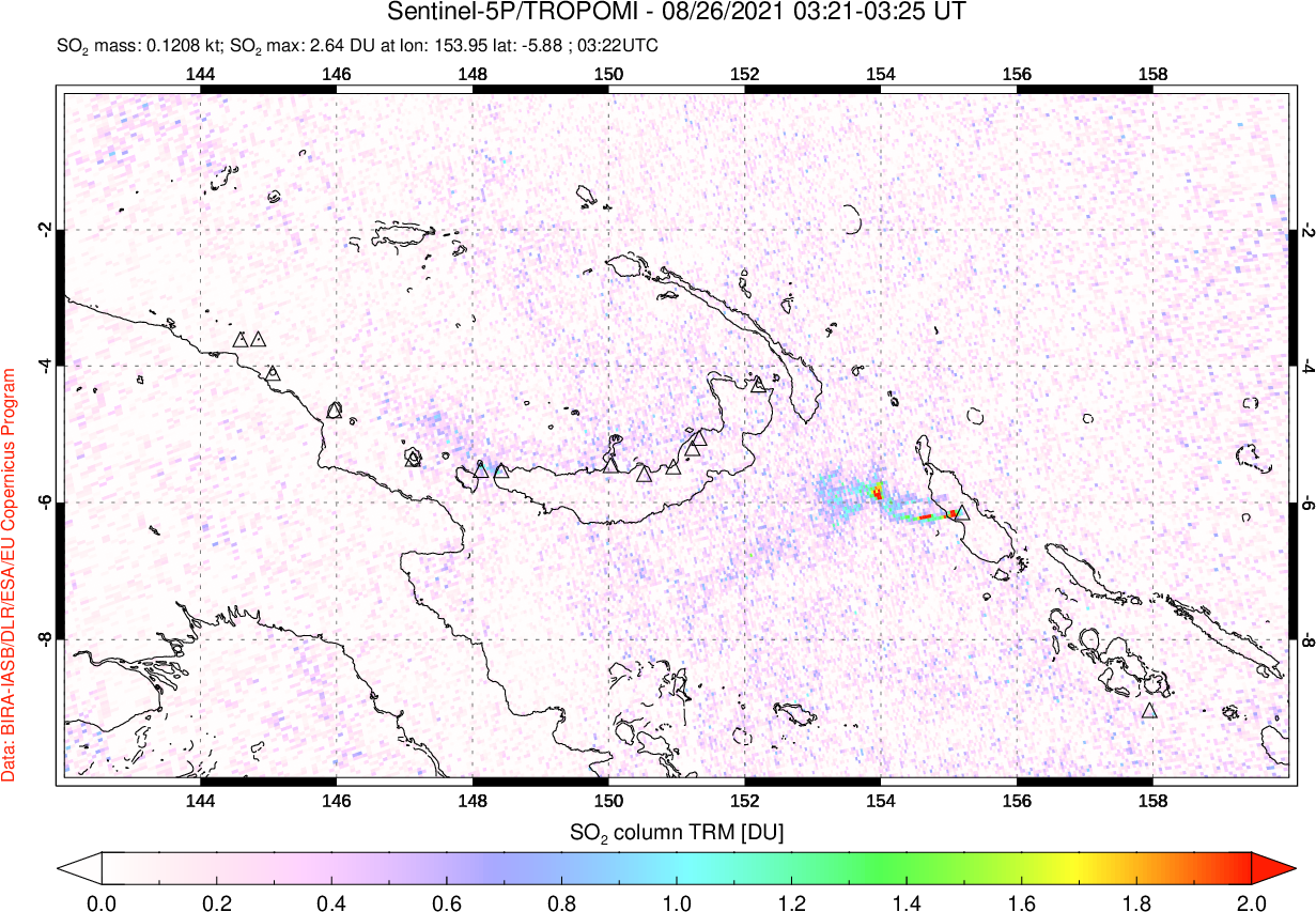 A sulfur dioxide image over Papua, New Guinea on Aug 26, 2021.