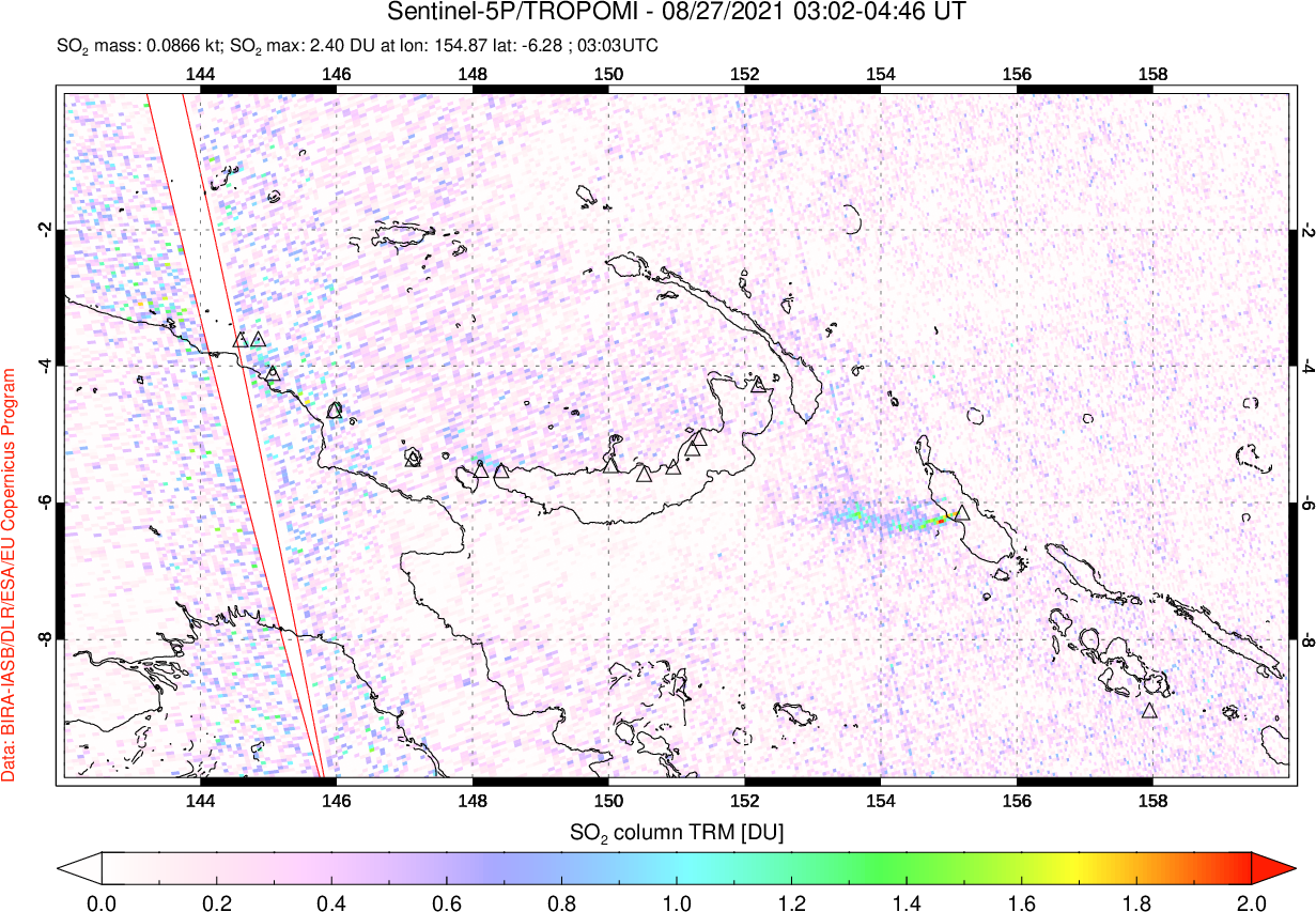 A sulfur dioxide image over Papua, New Guinea on Aug 27, 2021.