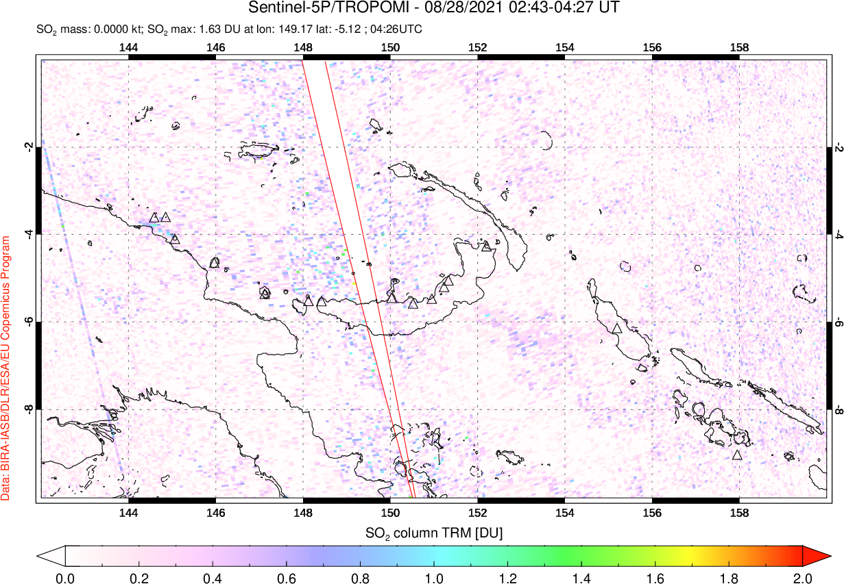 A sulfur dioxide image over Papua, New Guinea on Aug 28, 2021.