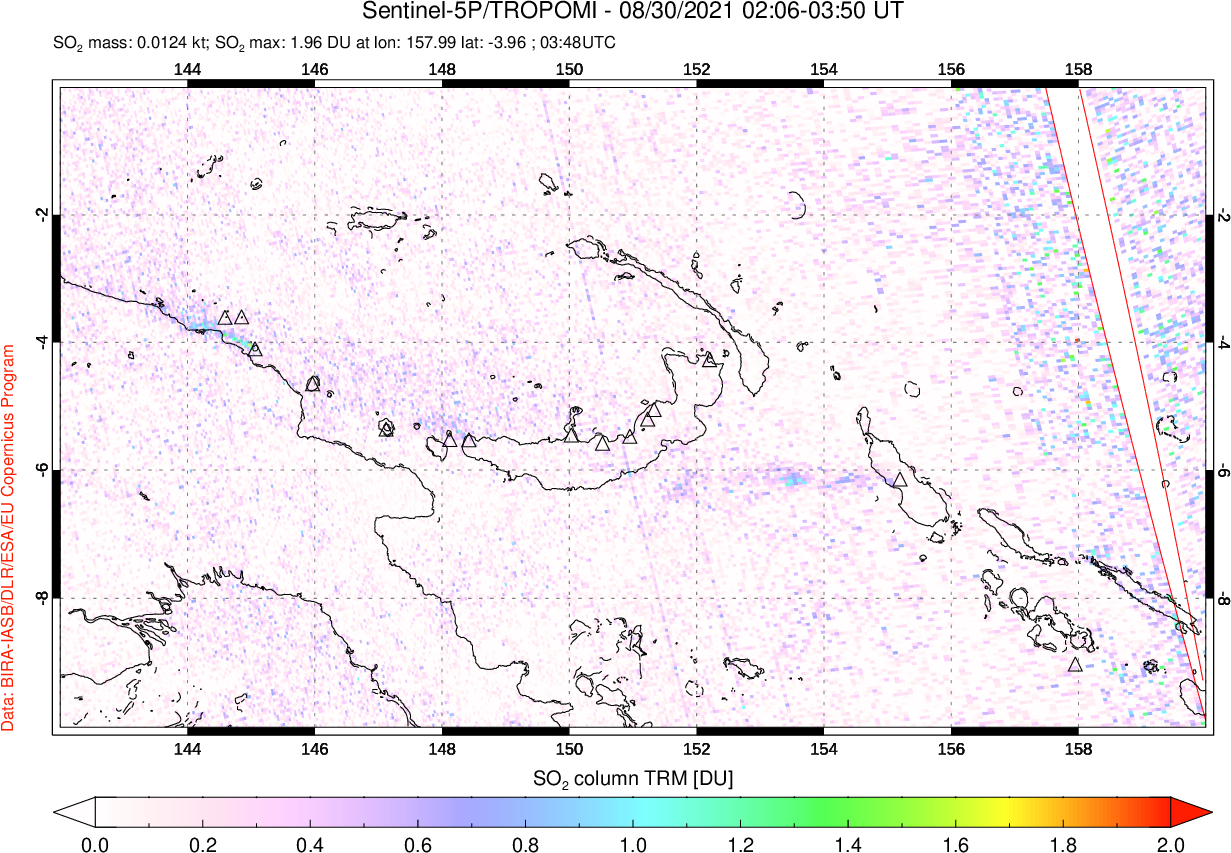 A sulfur dioxide image over Papua, New Guinea on Aug 30, 2021.