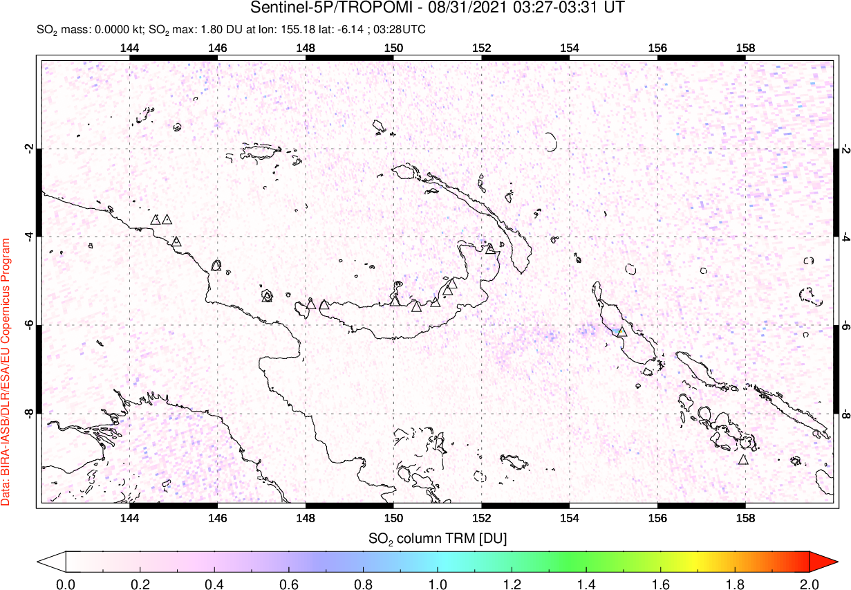 A sulfur dioxide image over Papua, New Guinea on Aug 31, 2021.