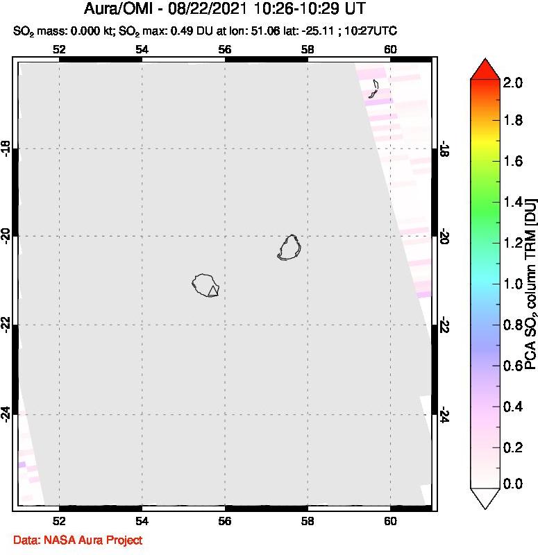 A sulfur dioxide image over Reunion Island, Indian Ocean on Aug 22, 2021.