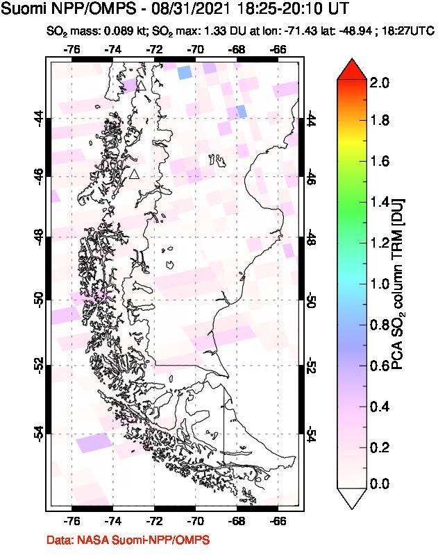 A sulfur dioxide image over Southern Chile on Aug 31, 2021.
