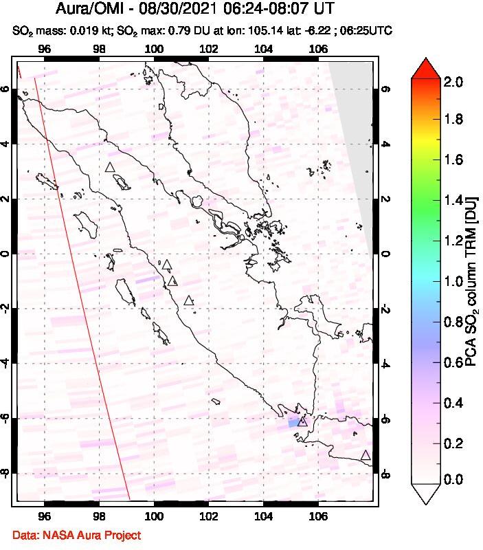 A sulfur dioxide image over Sumatra, Indonesia on Aug 30, 2021.