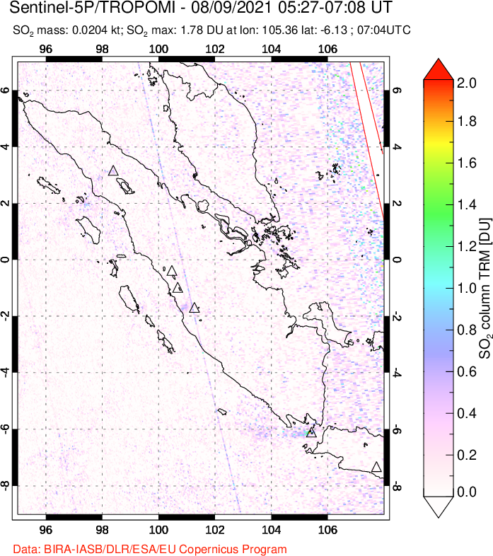 A sulfur dioxide image over Sumatra, Indonesia on Aug 09, 2021.