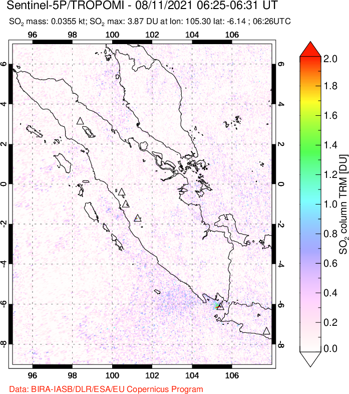 A sulfur dioxide image over Sumatra, Indonesia on Aug 11, 2021.
