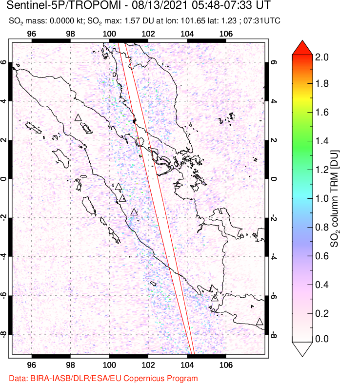 A sulfur dioxide image over Sumatra, Indonesia on Aug 13, 2021.