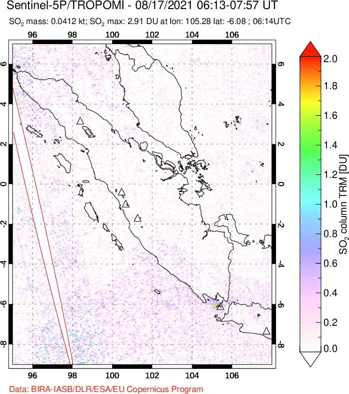 A sulfur dioxide image over Sumatra, Indonesia on Aug 17, 2021.