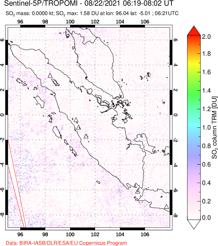 A sulfur dioxide image over Sumatra, Indonesia on Aug 22, 2021.
