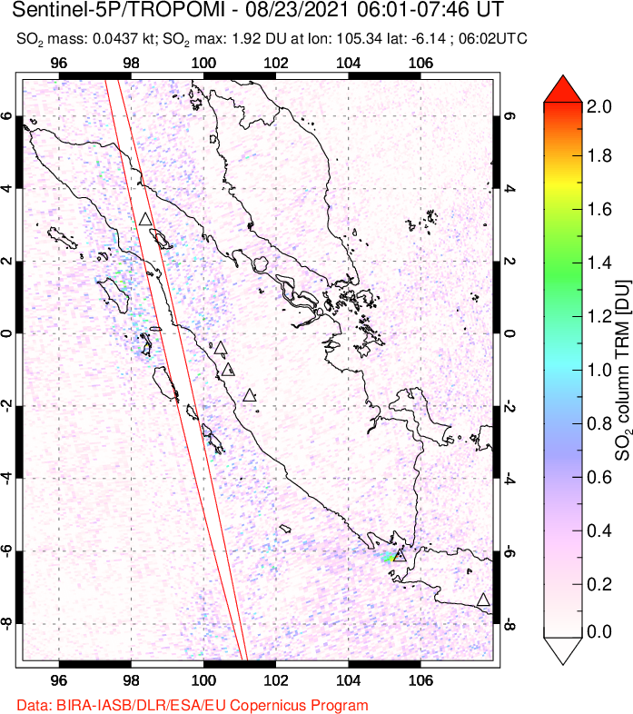 A sulfur dioxide image over Sumatra, Indonesia on Aug 23, 2021.