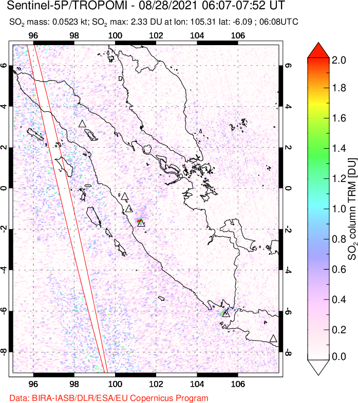 A sulfur dioxide image over Sumatra, Indonesia on Aug 28, 2021.