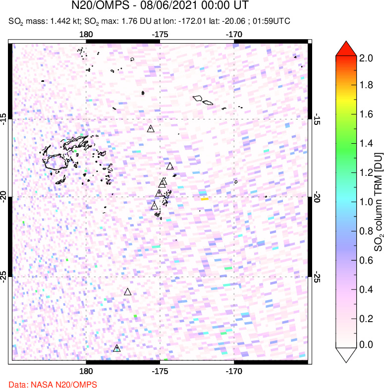 A sulfur dioxide image over Tonga, South Pacific on Aug 06, 2021.