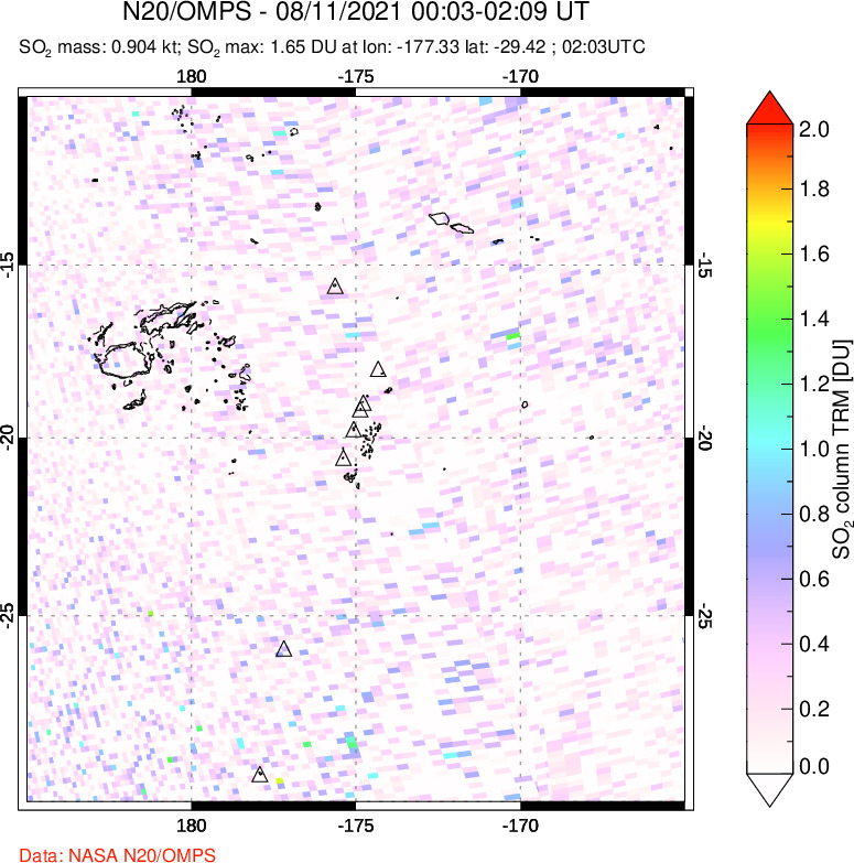 A sulfur dioxide image over Tonga, South Pacific on Aug 11, 2021.
