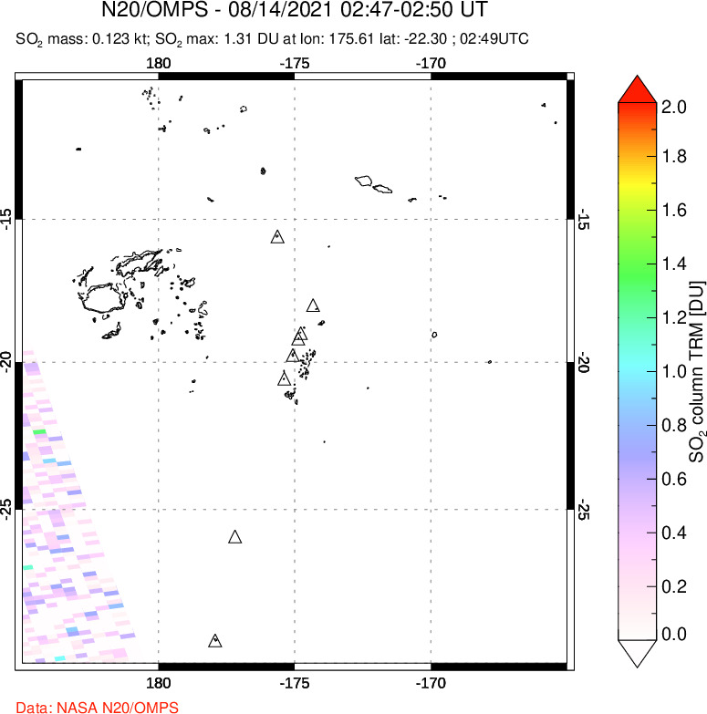 A sulfur dioxide image over Tonga, South Pacific on Aug 14, 2021.