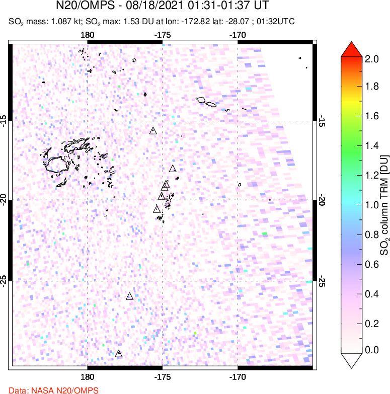 A sulfur dioxide image over Tonga, South Pacific on Aug 18, 2021.