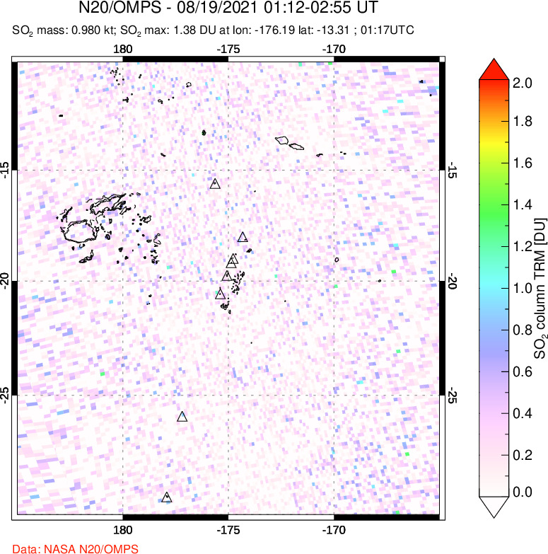A sulfur dioxide image over Tonga, South Pacific on Aug 19, 2021.