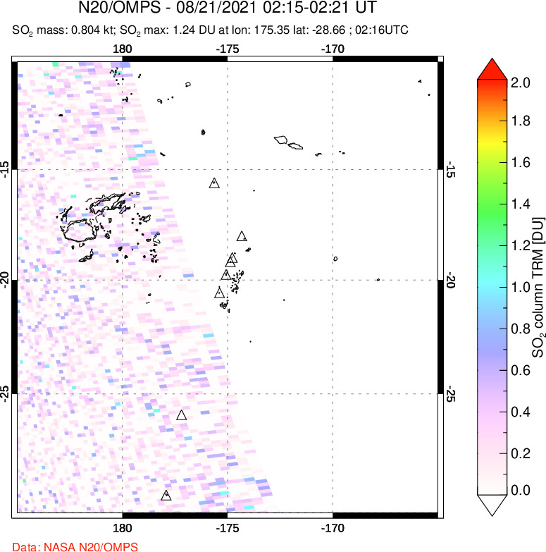 A sulfur dioxide image over Tonga, South Pacific on Aug 21, 2021.
