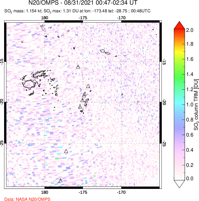 A sulfur dioxide image over Tonga, South Pacific on Aug 31, 2021.