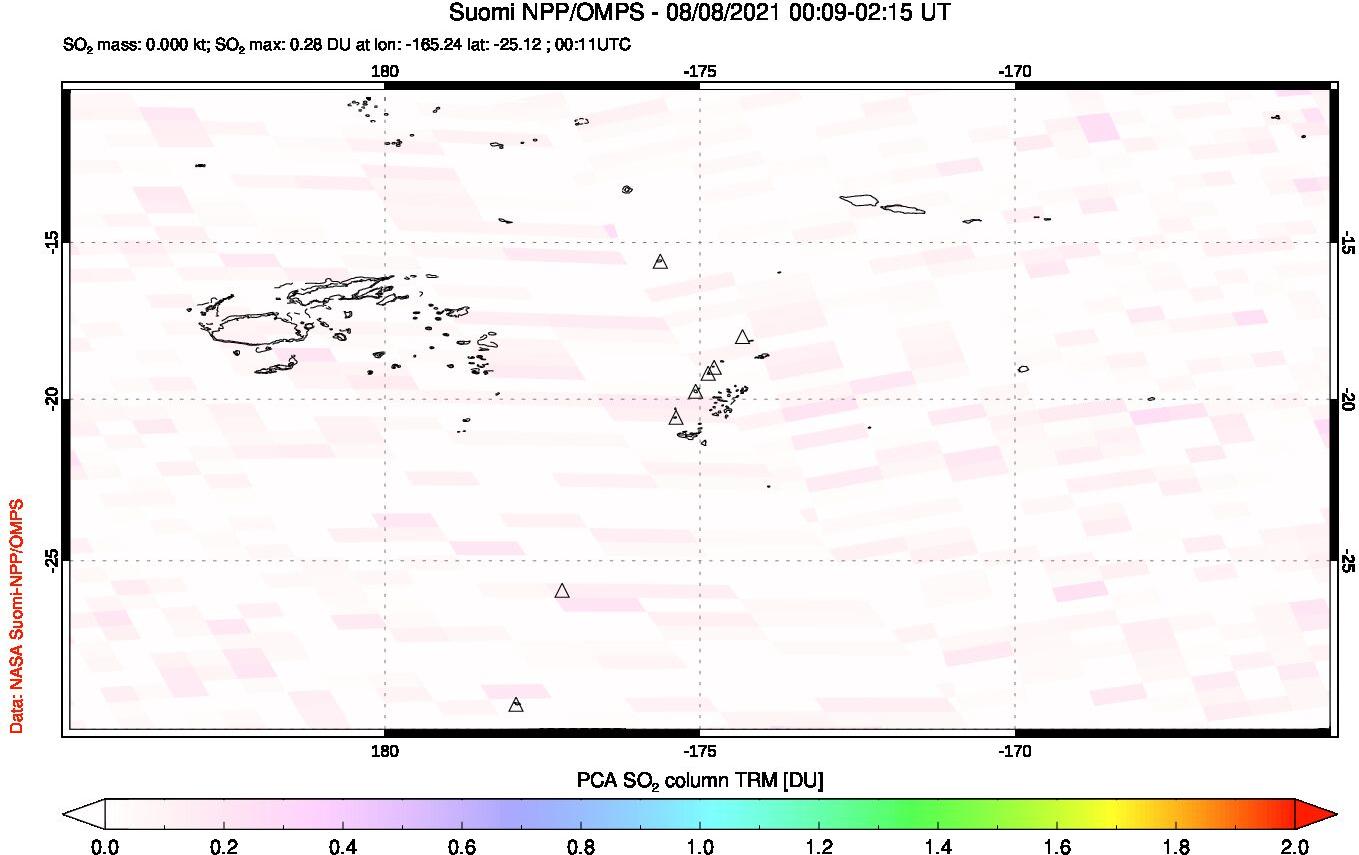 A sulfur dioxide image over Tonga, South Pacific on Aug 08, 2021.