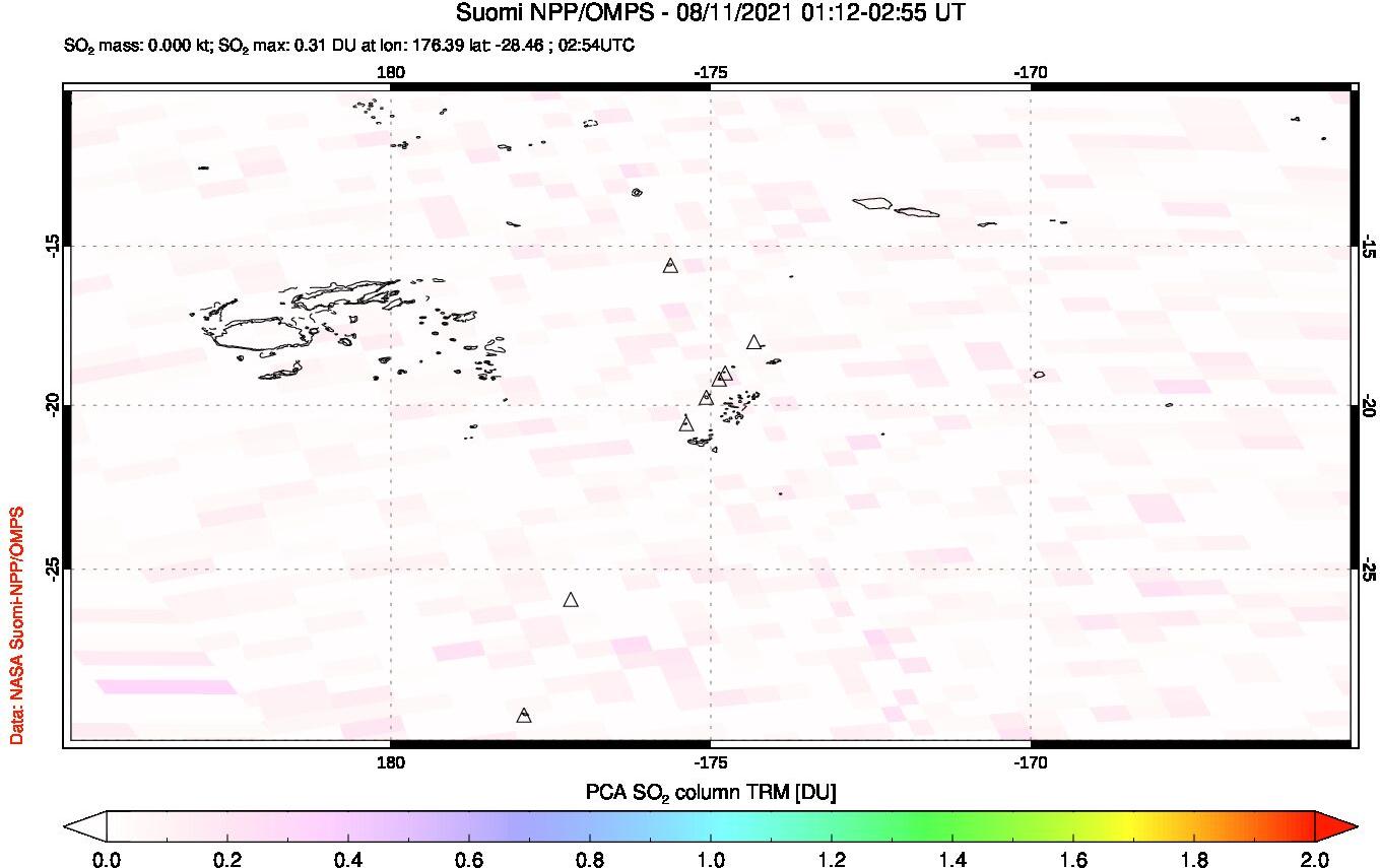 A sulfur dioxide image over Tonga, South Pacific on Aug 11, 2021.
