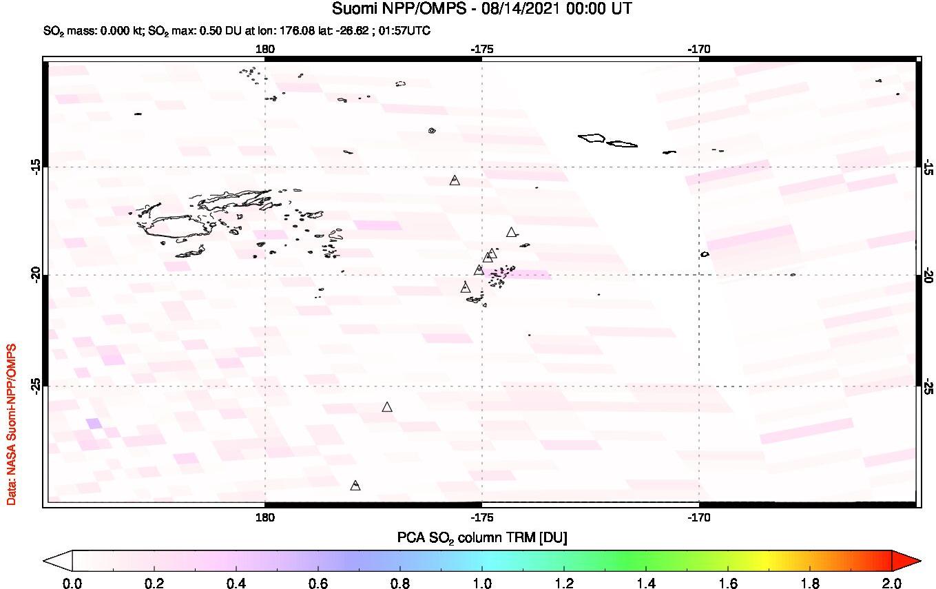 A sulfur dioxide image over Tonga, South Pacific on Aug 14, 2021.