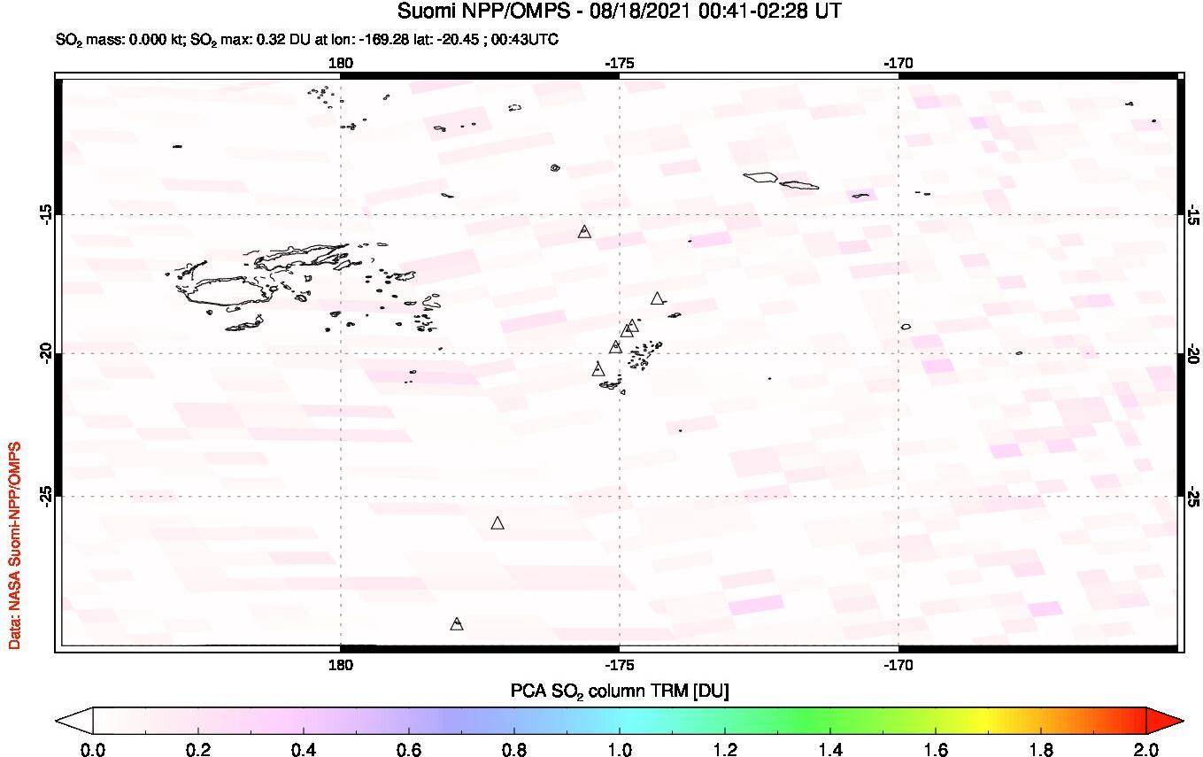 A sulfur dioxide image over Tonga, South Pacific on Aug 18, 2021.